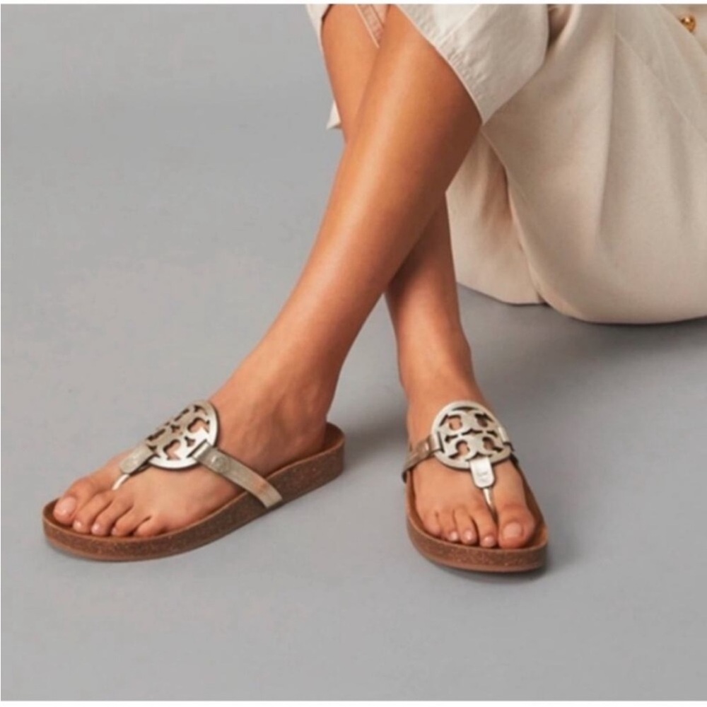 Tory Burch Silver Brown Sandals with Iconic Medallion